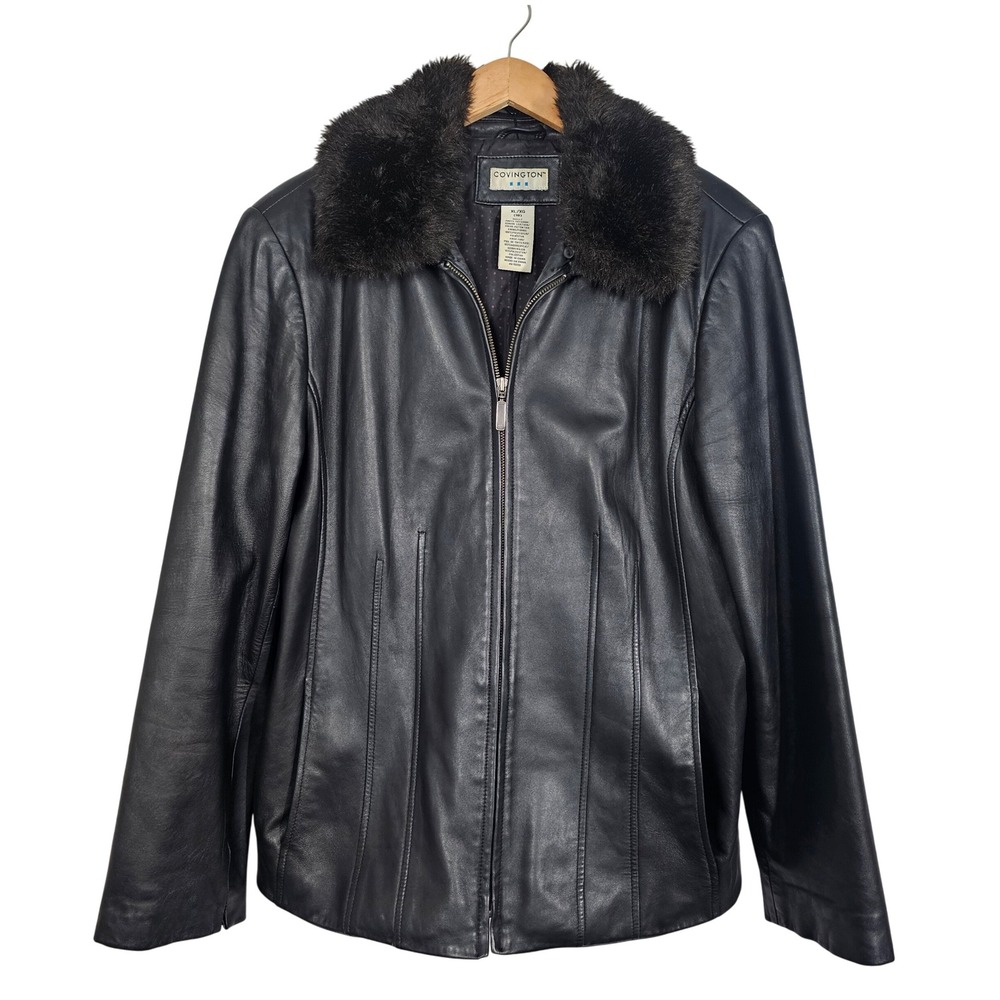 Y2K Covington Black Leather Jacket Removeable Faux Fur Collar Zip Coat Womens XL